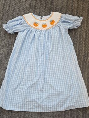 Stitchy fish 4t smocked bishop pumpkin fall dress blue white Checkered